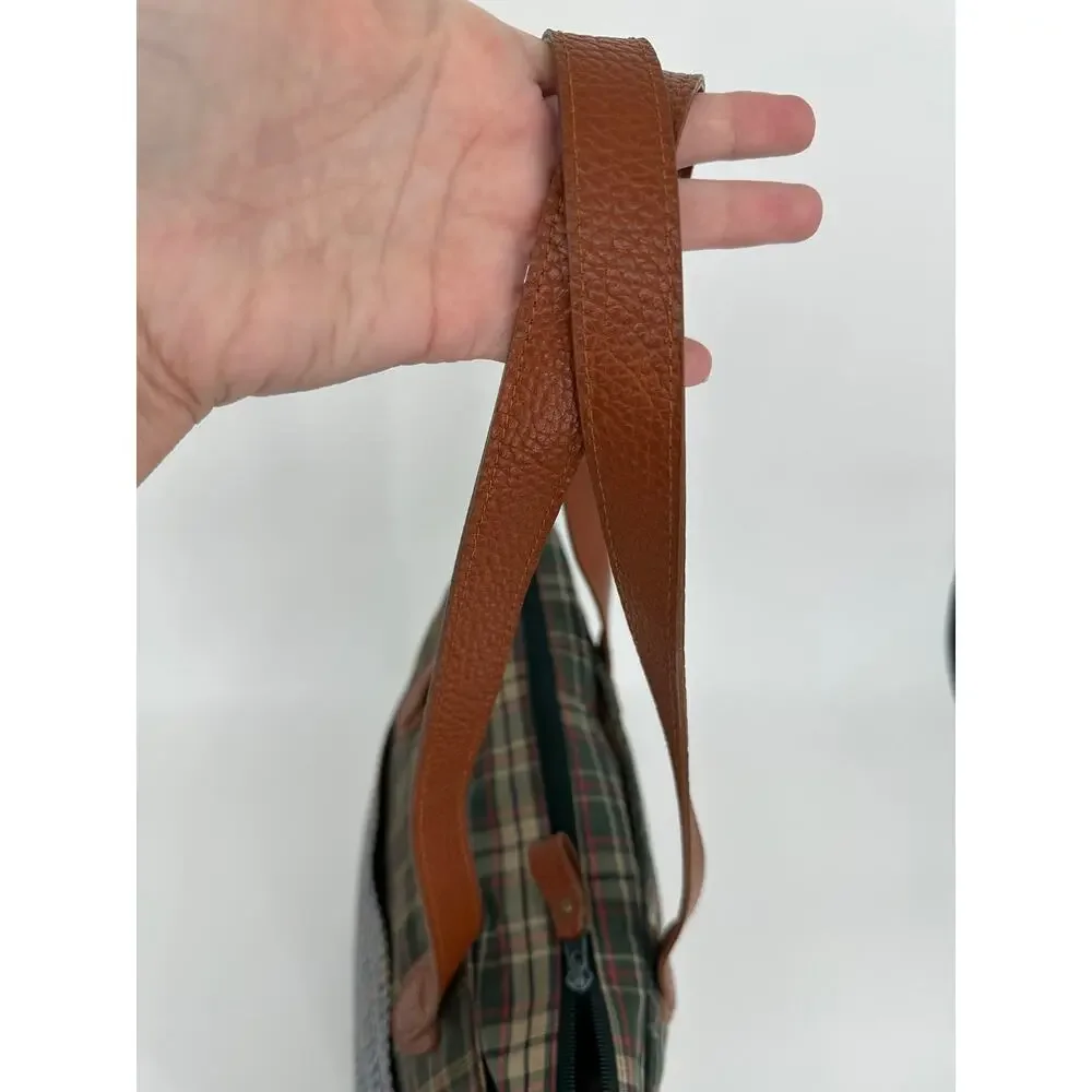 Vintage Fossil Canvas Tote Mixed Plaid Cognac Leather Trim Y2K Zip Top